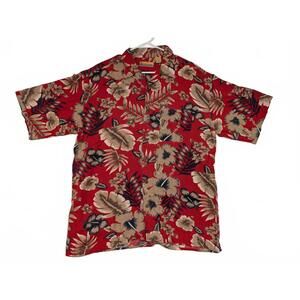Bobby Chan Red Floral Hawaiian Silk Button Up Aloha Camp Shirt Mens Large